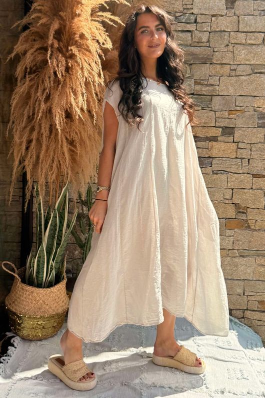 Made in Italy Sa Caleta Cotton Cap Sleeve Pocket Midaxi Dress Stone